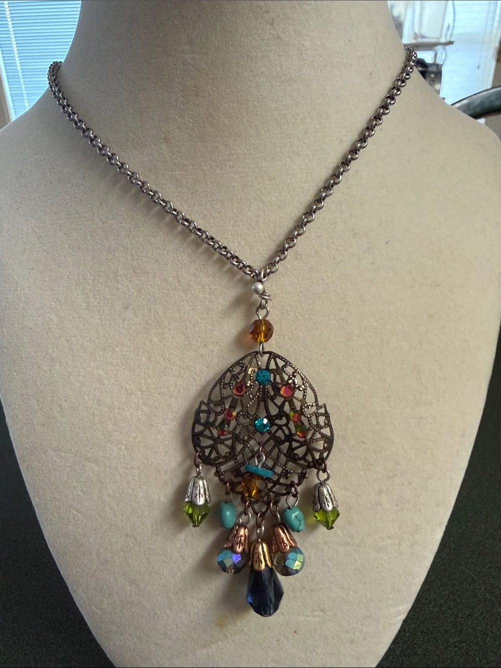 Bohemian Filigree Pendant Necklace with Multicolor Beads - Women Jewelry 34”